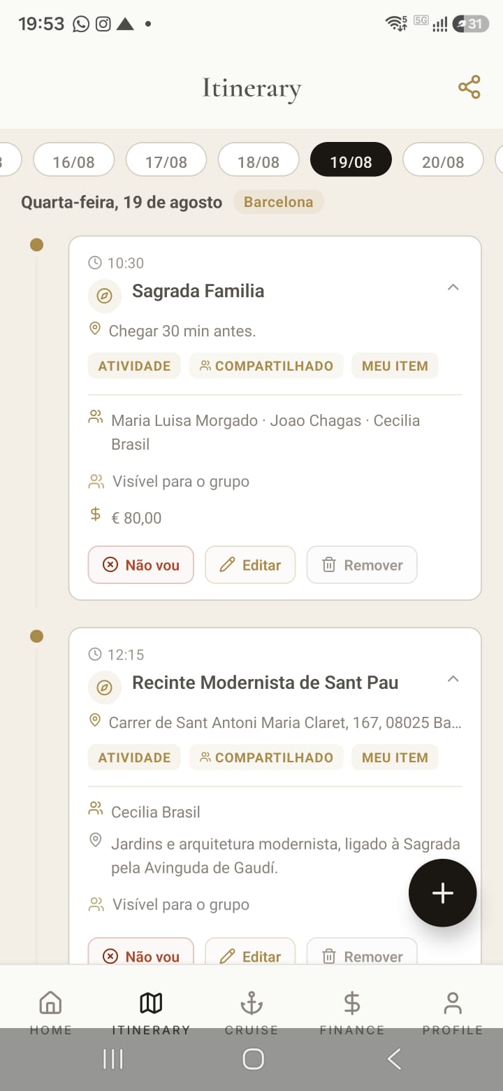 Tela do app Tandem mostrando o card da atividade Sagrada Familia com Maria Luisa Morgado, Joao Chagas e Cecilia Brasil compartilhando o mesmo horário
