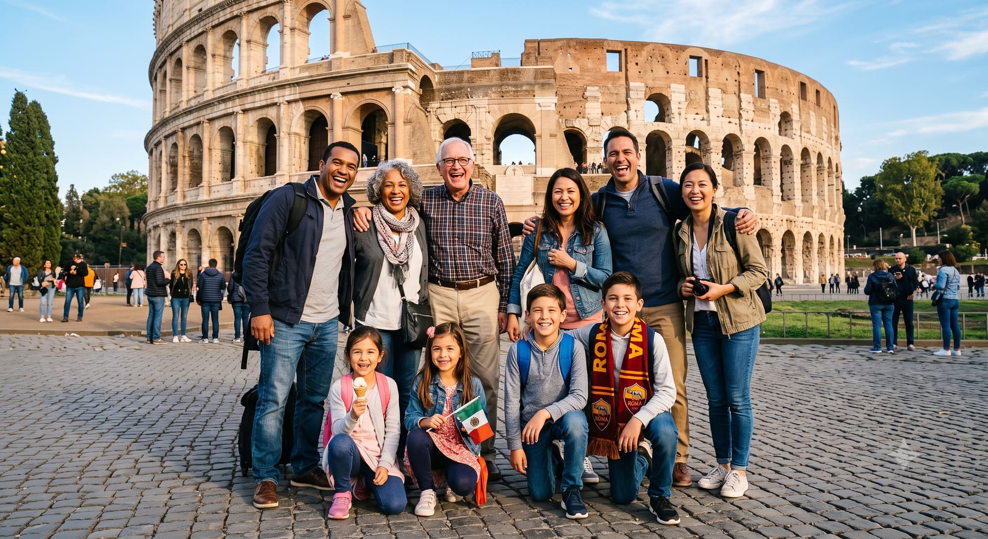 Família multigeracional reunida em frente ao Coliseu, em Roma