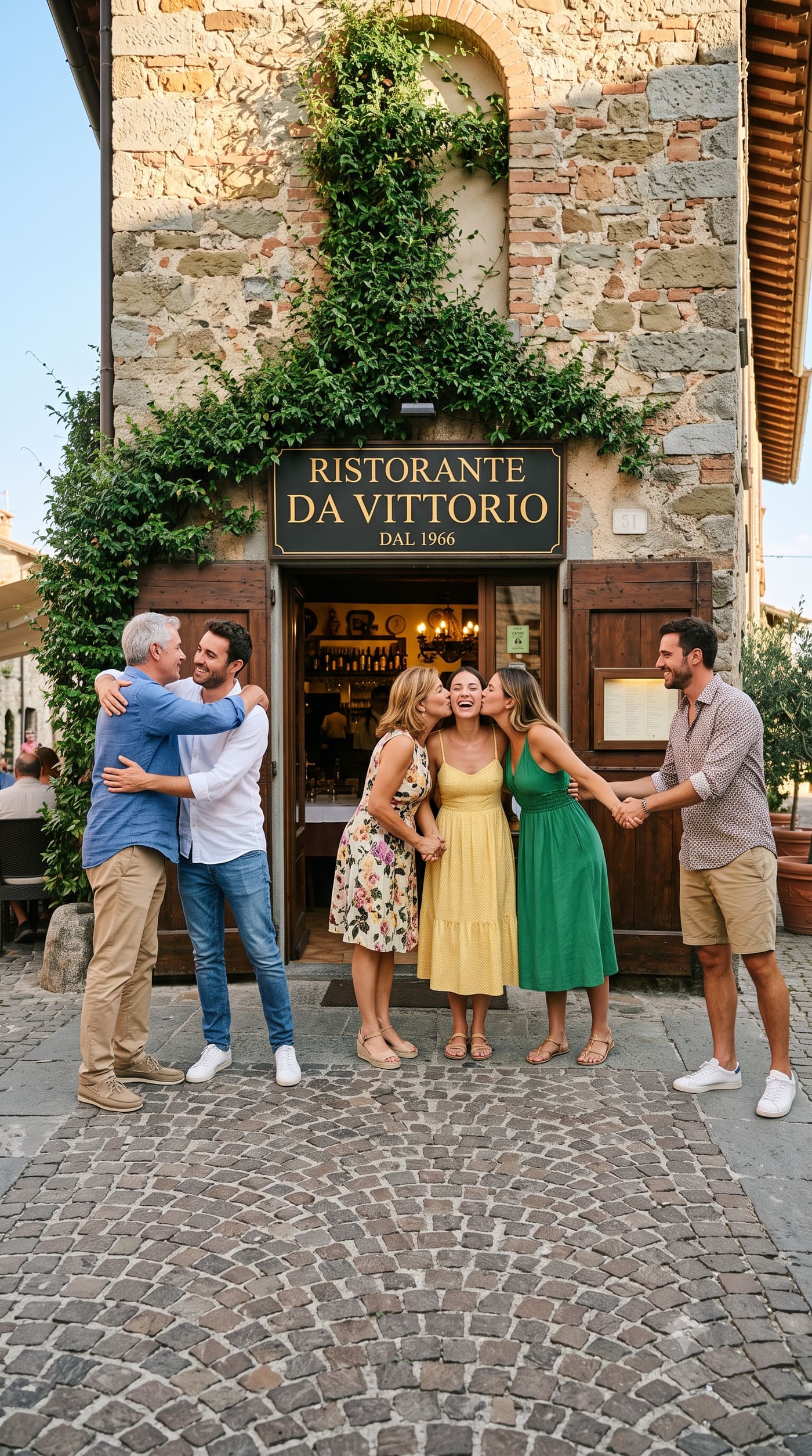 Família se reencontrando em frente a um restaurante na Itália